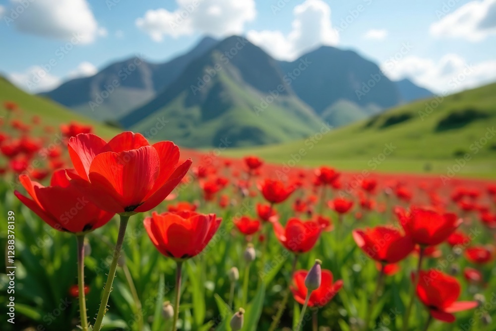 Rouge floraisse aux feuilles pointues s'abritant derri?re un massif de rochers, red flowers, flower field, breton landscape Rouge floraisse aux feuilles pointues s'abritant derri?re un massif de rochers, red flowers, flower field, breton landscape