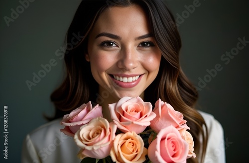 Wallpaper Mural Woman with dark hair with a bouquet of roses close-up looks into the camera and smiles against a dark background. International Women's Day. Mother's Day. Valentine's Day Torontodigital.ca