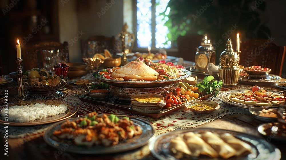 Fototapeta premium Beautiful Ramadan Iftar Table with Traditional Dishes, Warm Candlelight, and Elegant Arabic Lanterns, Creating a Cozy and Festive Atmosphere for Family and Friends