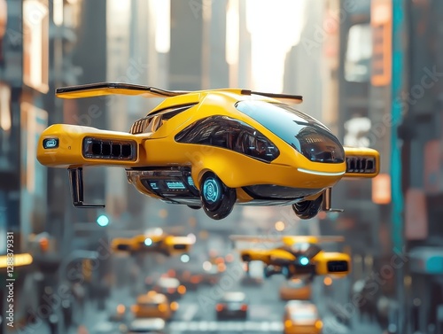 Futuristic Yellow Flying Car Soaring Above Cityscape: A Glimpse into Urban Air Transportation