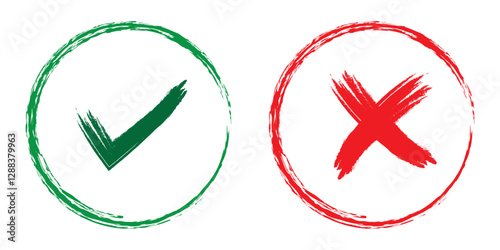 Set of tick and cross brush icon collection. Check and cross symbol. Vector Illustration. Hand drawn checklist symbols. Green check mark and red cross mark vector icons. EPS 10.