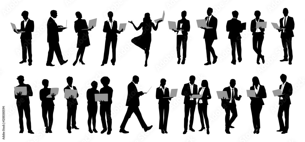 Silhouettes of business people with laptop, men and women full length front, side, back view using computer. Vector illustration isolated Silhouettes of business people with laptop, men and women full length front, side, back view using computer. Vector illustration isolated
