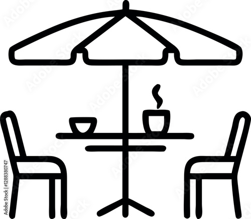 Minimalist Outdoor Café Table Umbrella Lined Icon, Minimalistic Vector Design, Retro Vintage Illustration, Coffee Shop, Patio Dining, Bistro Furniture, Cozy Seating, Classic Outdoor Decor, Sketch Art