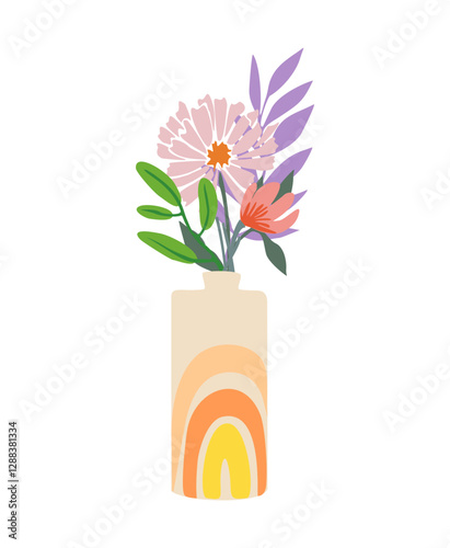 Gorgeous blooming flowers in vase isolated on white background. Wildflowers bouquet, decorative floral design element for cards, wall arts. Cartoon colorful vector illustration. Digital sticker.