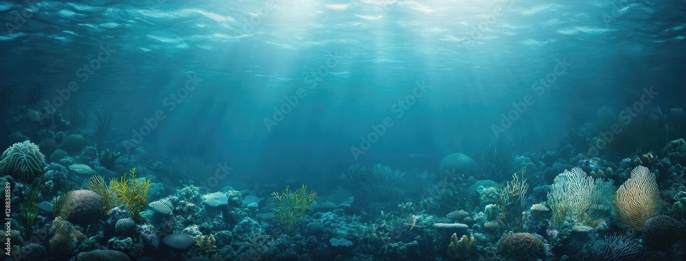 Fototapeta premium Ocean acidification concept. Beneath the waves, vibrant corals and marine life thrive in a serene underwater world.