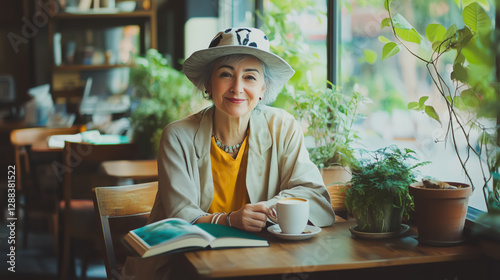 stylish senior woman with a charming smile enjoys a cup of coffee in a cozy cafe surrounded by lush green plants. She wears an elegant hat bright outfit, exuding confidence, wisdom, and contentment
