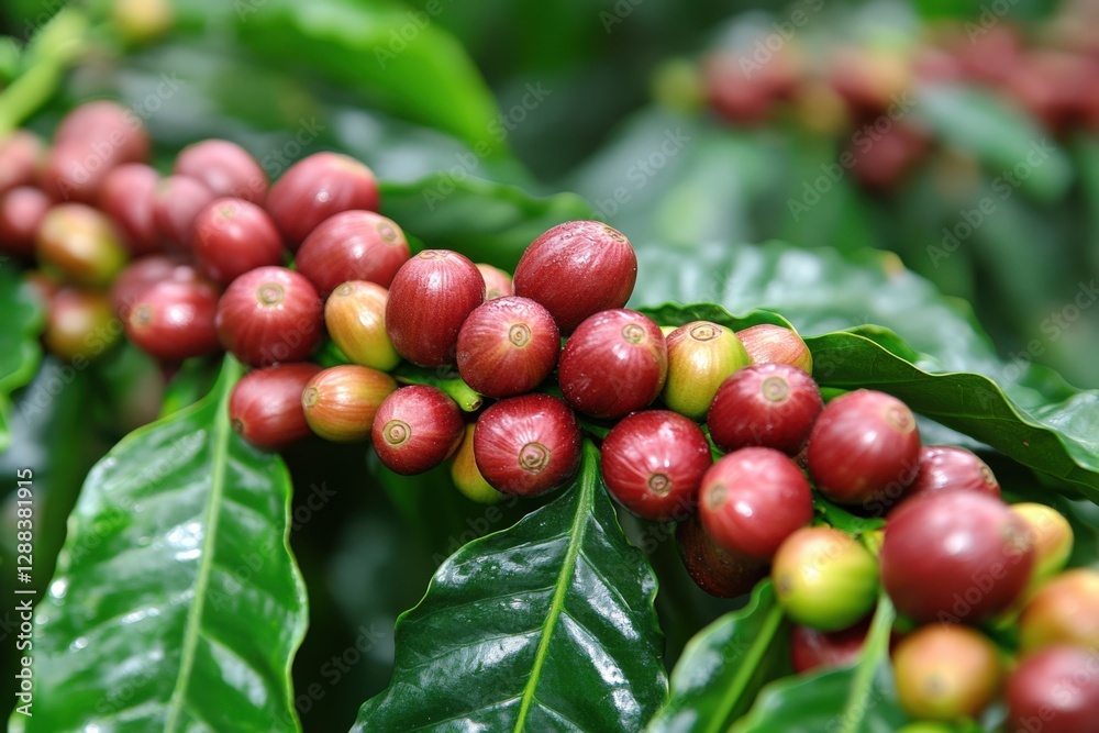 Vibrant Coffee Plant Blossoming in a Lush Green Environment, Showcasing Freshly Ripening Red and Yellow Coffee Cherries Among Glossy Leaves Vibrant Coffee Plant Blossoming in a Lush Green Environment, Showcasing Freshly Ripening Red and Yellow Coffee Cherries Among Glossy Leaves