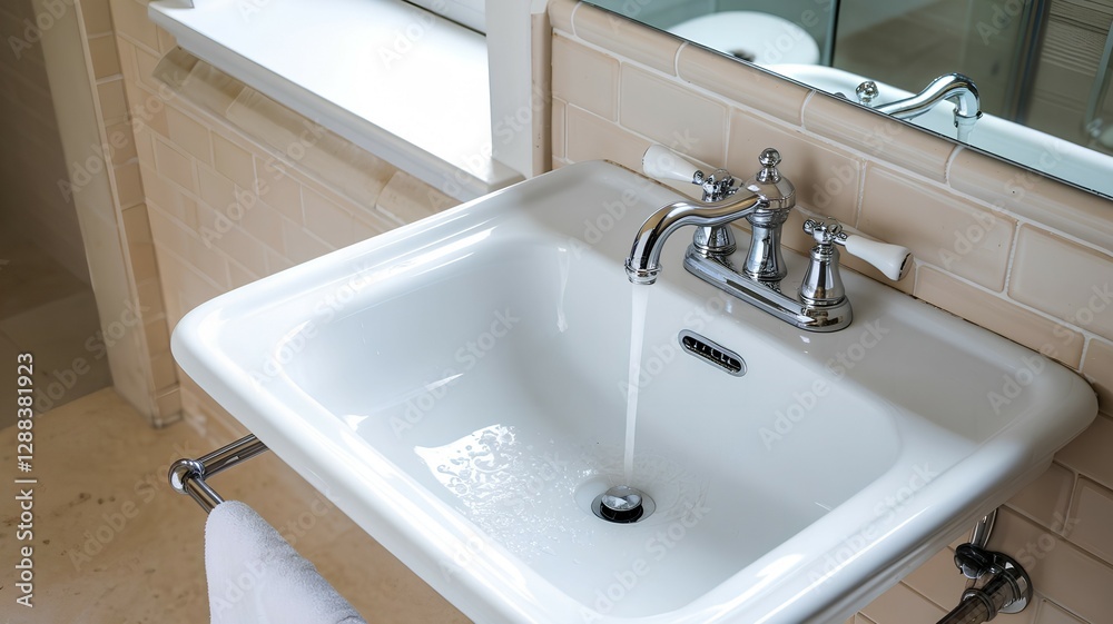 A white ceramic sink with a chrome faucet is positioned in a bathroom with beige tiled walls and a small window in the background A white ceramic sink with a chrome faucet is positioned in a bathroom with beige tiled walls and a small window in the background