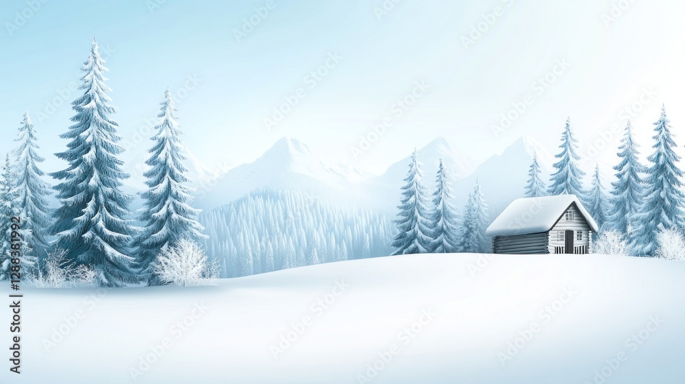 Snowy winter landscape with cabin and mountains. Snowy winter landscape with cabin and mountains.