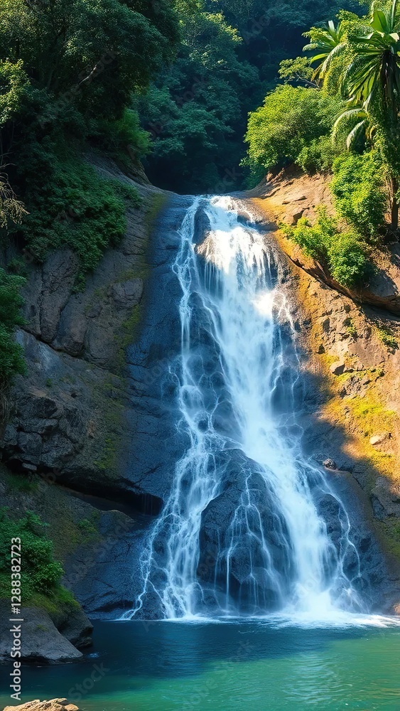 Fototapeta premium a waterfall cascades down a rocky slope in the jungle, slope, water, landscape