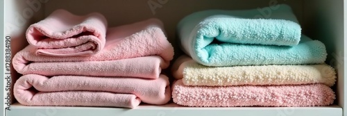 Delicate washcloths neatly folded and stacked in a linen closet, fold, domesticity