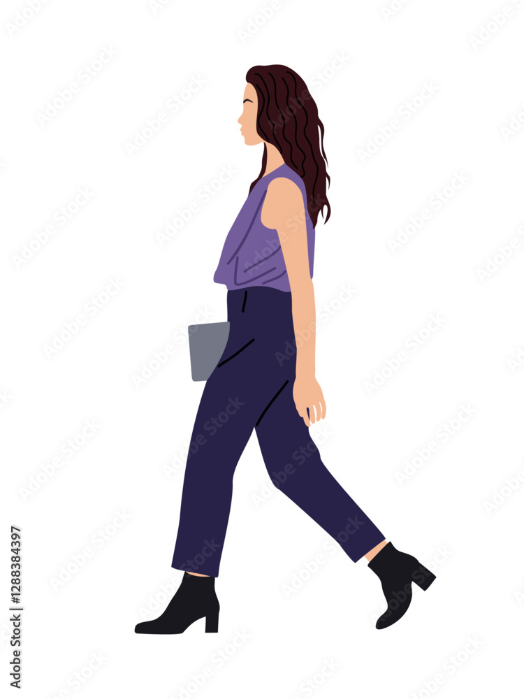 Business woman walking side view. Pretty girl in smart casual spring, summer office outfit with bag. Vector realistic illustration isolated Business woman walking side view. Pretty girl in smart casual spring, summer office outfit with bag. Vector realistic illustration isolated