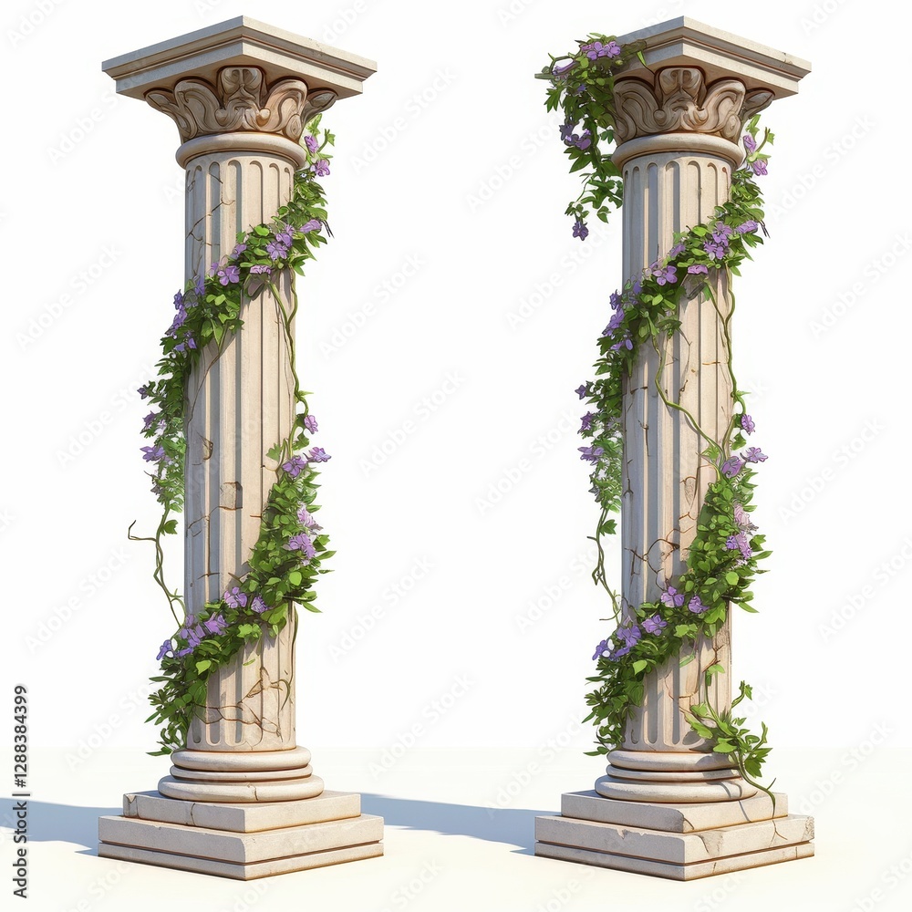 Naklejka premium Two Antique Stone Columns with Climbing Vines and Purple Flowers Isolated on White Background