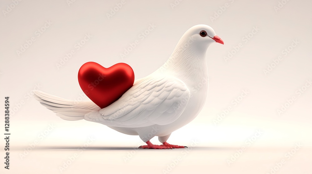 Obraz premium White Dove Holding Red Heart Isolated on White Background Side View