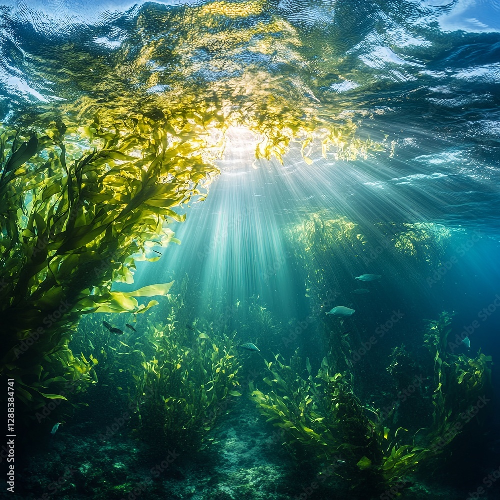 Obraz premium Green seaweed with fish, natural underwater seascape in the Atlantic ocean, Spain, Galicia, Rias Baixas