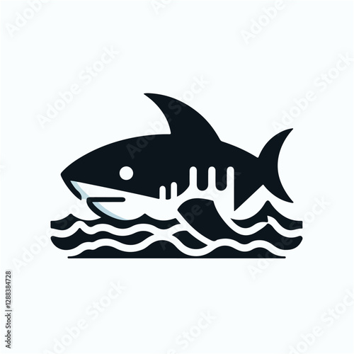 Modern Black and White Stylized Shark Icon Illustration Emerging from Wavy Water Nautical Marine Life Theme