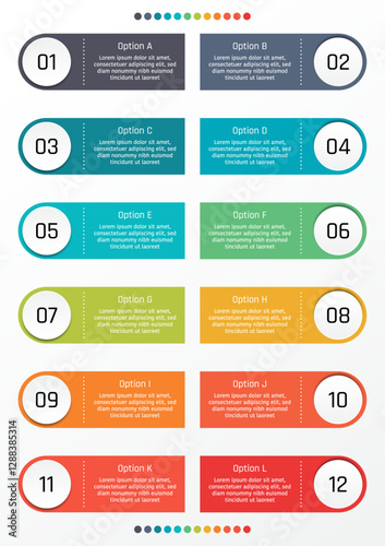12 options business infographic template, theme of one side rounded corner rectangular shape with number on circle button