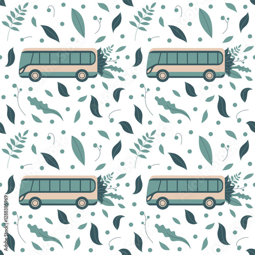Flat art seamless pattern featuring eco-friendly buses with green foliage