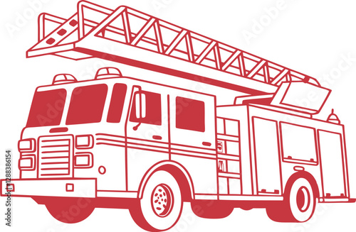 Retro Vintage Minimalist Vector Illustration of Firefighter Truck Vehicle, Lined Icon Design, Classic Emergency Rescue Fire Engine, Monochrome Fire Truck Symbol, Stylish Fire Department Graphic