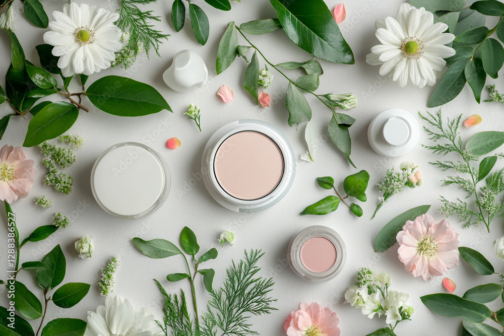 Light spring cosmetics set with floral elements and greenery Light spring cosmetics set with floral elements and greenery