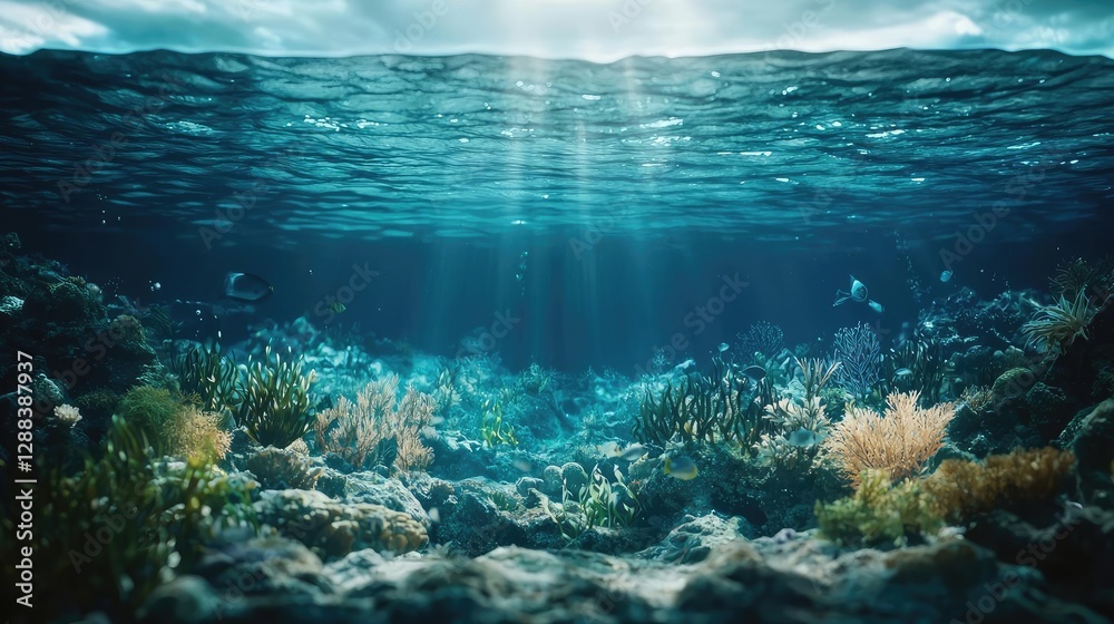 Fototapeta premium Ocean acidification concept. Vibrant underwater scene showcasing colorful corals and serene blue waters.