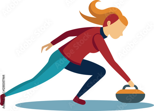 Colorful Curling Young Women Doodle Vector Icon | Offset Minimalist Design | Retro Vintage Sports Illustration for Winter Games & Athletic Women