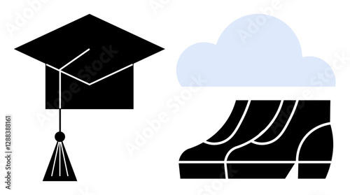 Graduation cap next to feet in shoes under a cloud. Ideal for education, goals, achievement, aspiration, journey, success, and personal development themes. Minimalist flat abstract line metaphor