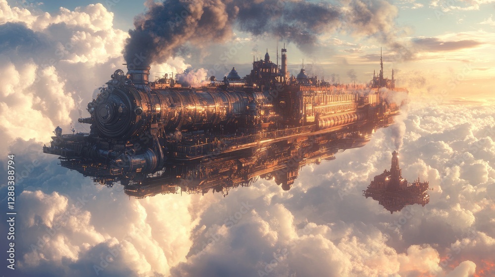 Fototapeta premium A massive floating steampunk city rises above clouds, with detailed architecture, smokestacks and airships. The vibrant blue sky fluffy clouds surreal imaginative design of aerial world. Generative AI