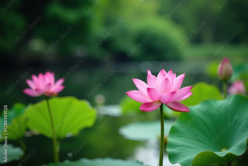 Lotus flowers in the foreground of a peaceful pond, tranquil, flower, bloom Lotus flowers in the foreground of a peaceful pond, tranquil, flower, bloom
