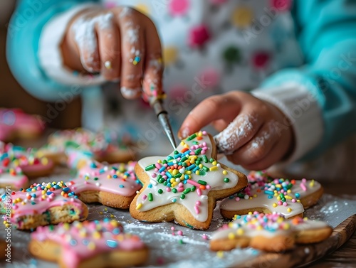 Little Baker's Delight: A close-up shot of a child's hands meticulously decorating a star-shaped cookie with frosting and sprinkles.