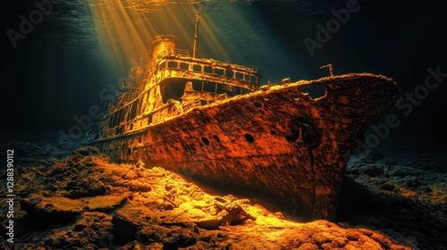 A beautifully eerie shipwreck resting on the ocean floor, illuminated by golden sunlight streaming through the water.