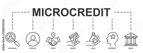 Banner of Microcredit web vector illustration with icons of personal, profile, trust, credit, loan, interest, and bank.