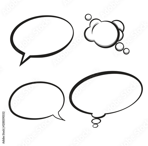 Set of black and white comic speech bubbles with text isolated on a white background. Vector flat illustration.