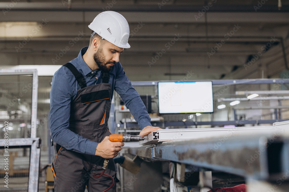 Factory male worker assembling aluminum and PVC window frames in production line Factory male worker assembling aluminum and PVC window frames in production line