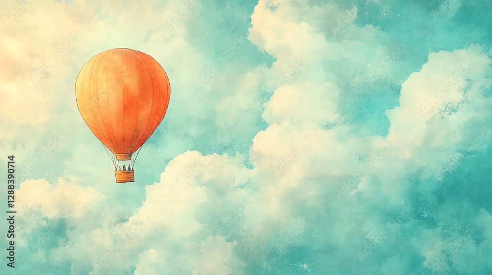 Fototapeta premium Hot Air Balloon Floating in Dreamy Sky with Clouds Illustration