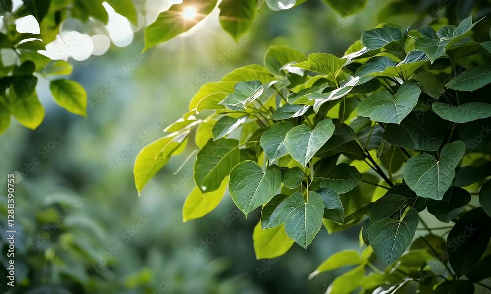 Sunlight Shining Through Green Tree Leaves in a Forest Setting Sunlight Shining Through Green Tree Leaves in a Forest Setting