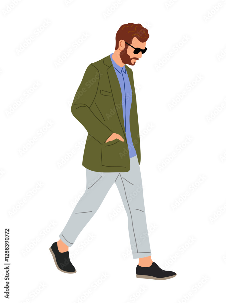 Businessman walking side view. Handsome bearded man in smart casual outfit. Stylish guy in modern street fashion look. Cartoon male character. Vector realistic illustration isolated