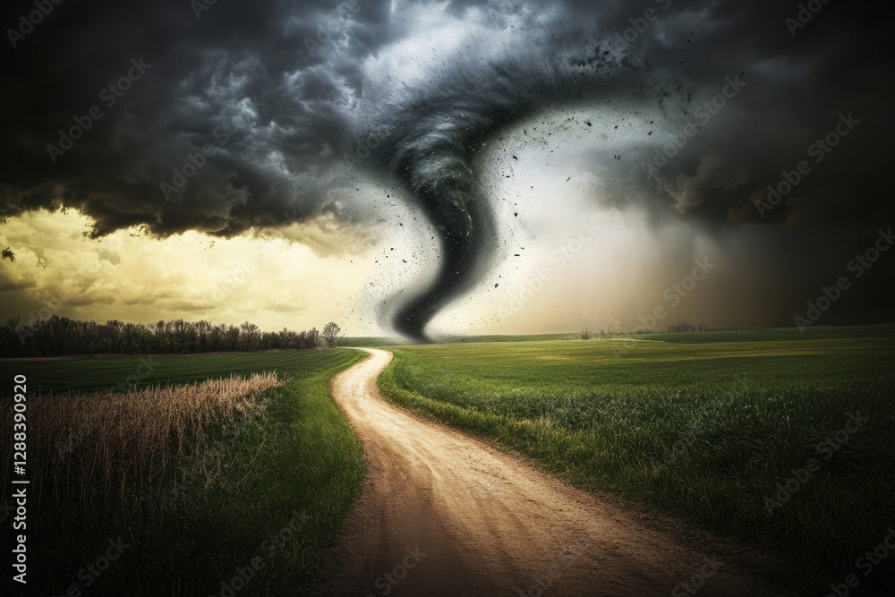 Tornado devastating green landscape and carving a path through rural terrain at twilight. Generative AI Tornado devastating green landscape and carving a path through rural terrain at twilight. Generative AI