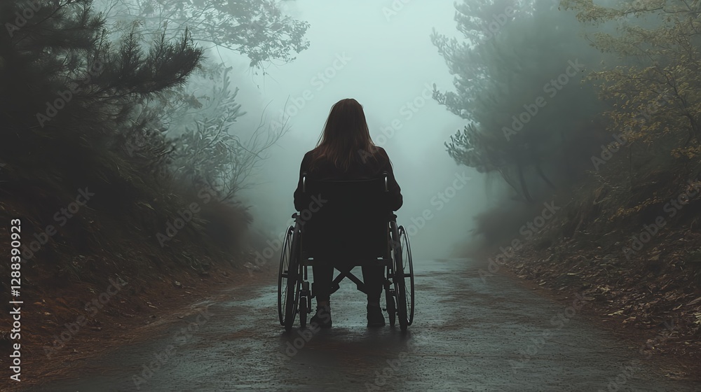 Obraz premium Young Woman in Wheelchair on Foggy Road Surrounded by Mist