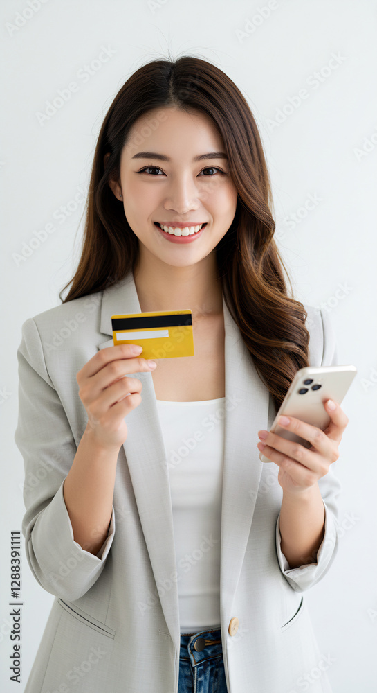 Smiling young woman holding credit card and smartphone ready to shop online. Smiling young woman holding credit card and smartphone ready to shop online.