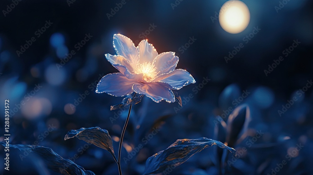 Fototapeta premium A single glowing flower illuminated by moonlight in a dark forest. Its soft light contrasts with the shadowy environment, creating an ethereal and tranquil mood. Generative AI