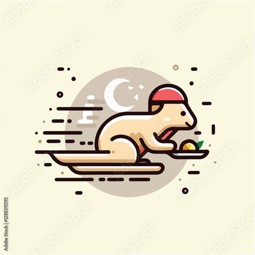 Cute Cartoon Squirrel Rushing to Deliver Food Plate at Night with Moon in Background Flat Design Illustration