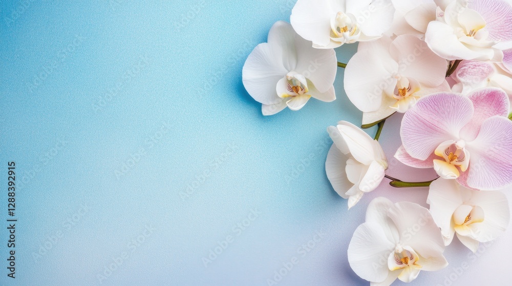 White orchid flowers displayed on a pastel gradient background, delicate floral flat lay White orchid flowers displayed on a pastel gradient background, delicate floral flat lay