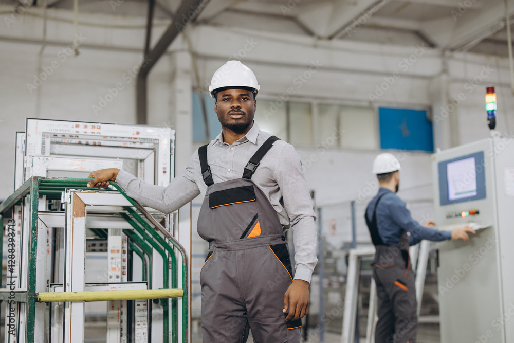 Factory worker posing near aluminum window frames Factory worker posing near aluminum window frames