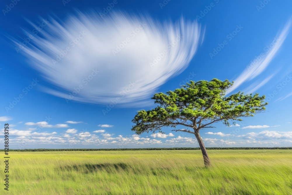Fototapeta premium Tornado touches down on the open plains creating a dramatic sky filled with clouds. Generative AI