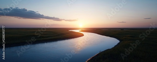 Weathering process concept. A serene river reflects the vibrant colors of a sunset over lush green fields.