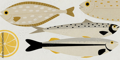 Illustrated fish variety with lemon slice - unique seafood art with four fish types