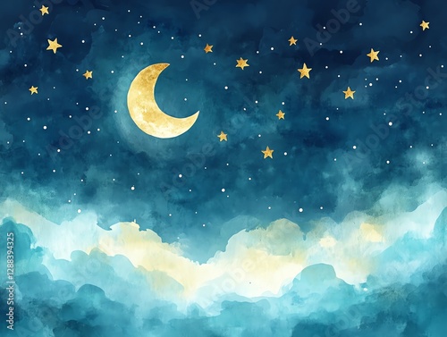 Watercolor Crescent Moon and Stars Painting in Night Sky with Clouds
