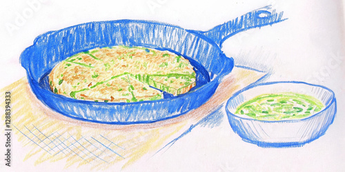 Colorful drawing of omelette in blue skillet with green dip in bowl