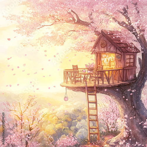 Cozy treehouse among cherry blossoms at golden sunset